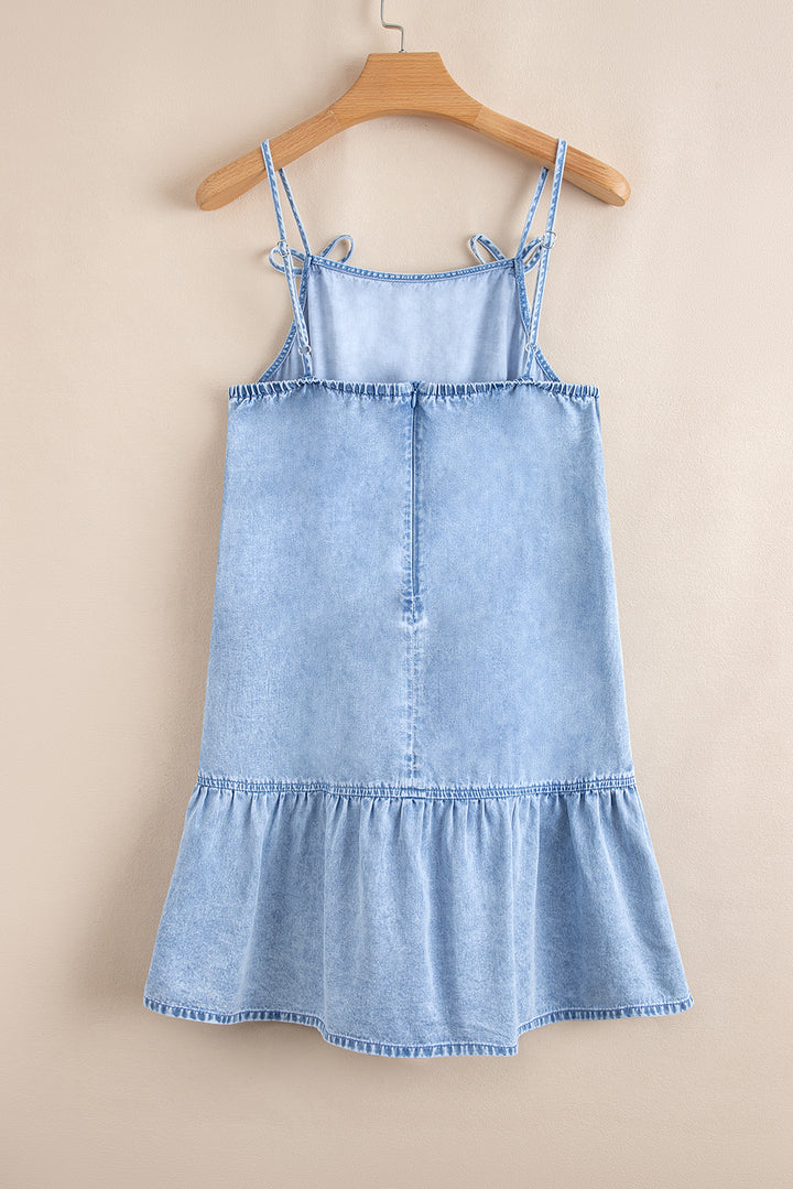 Bow Detail Spaghetti Straps Ruffle Hem Denim Short Dress
