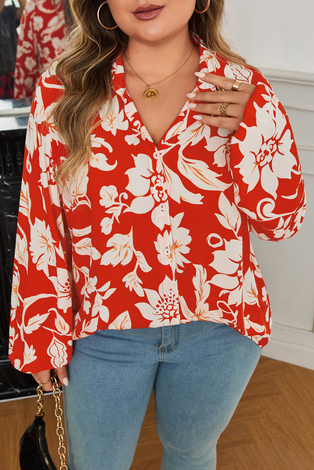 Red Plus Size Floral Print Loose Button Up Shirt