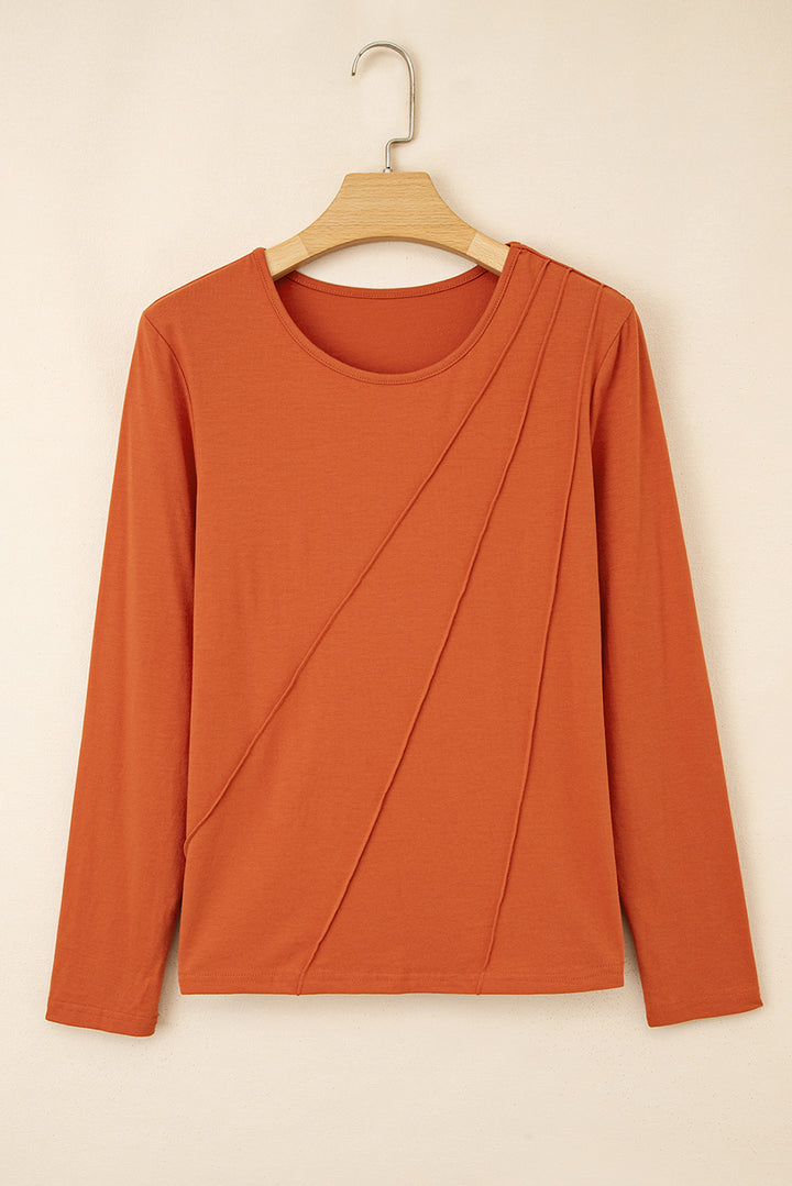 Red Clay  Asymmetric Seam Detail Solid Color Long Sleeve Top