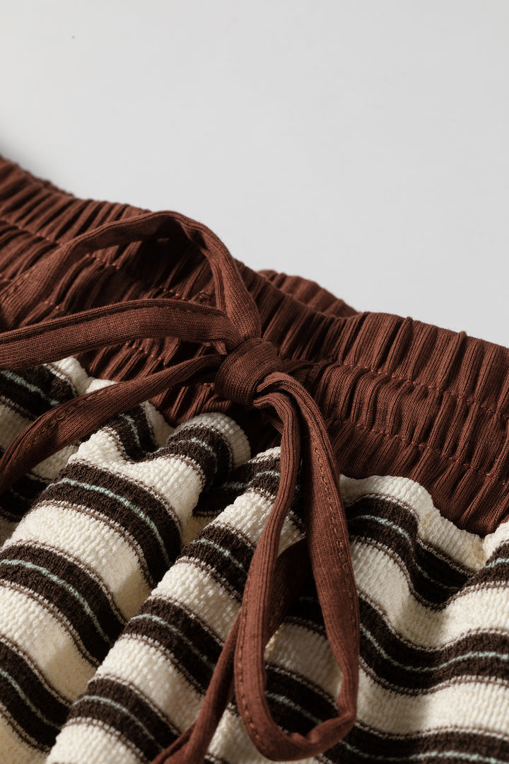 Brown Stripe Contrast Trim Button Neck Long Sleeve Top Drawstring Mini Skirt Set