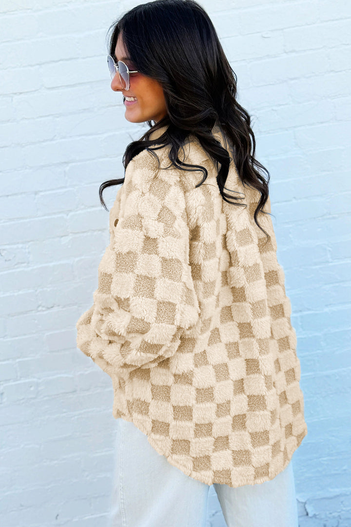 Khaki Plush Checkered Corduroy Shift Silhouette Shacket