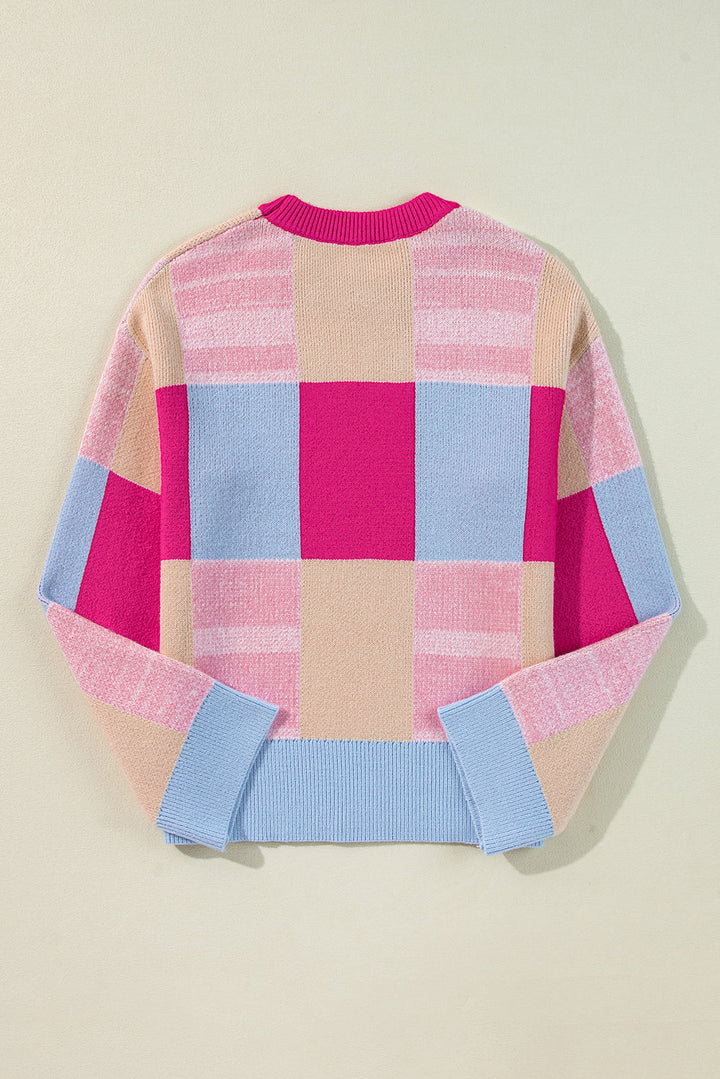 Color Block Drop Shoulder Crewneck Loose Fit Sweater