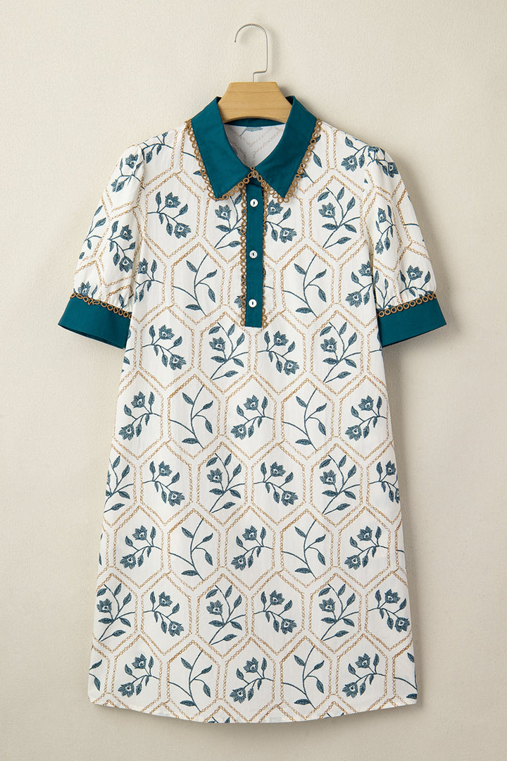 Blue Geometric Floral Print Lace Trim Collared Short Sleeve Mini Dress