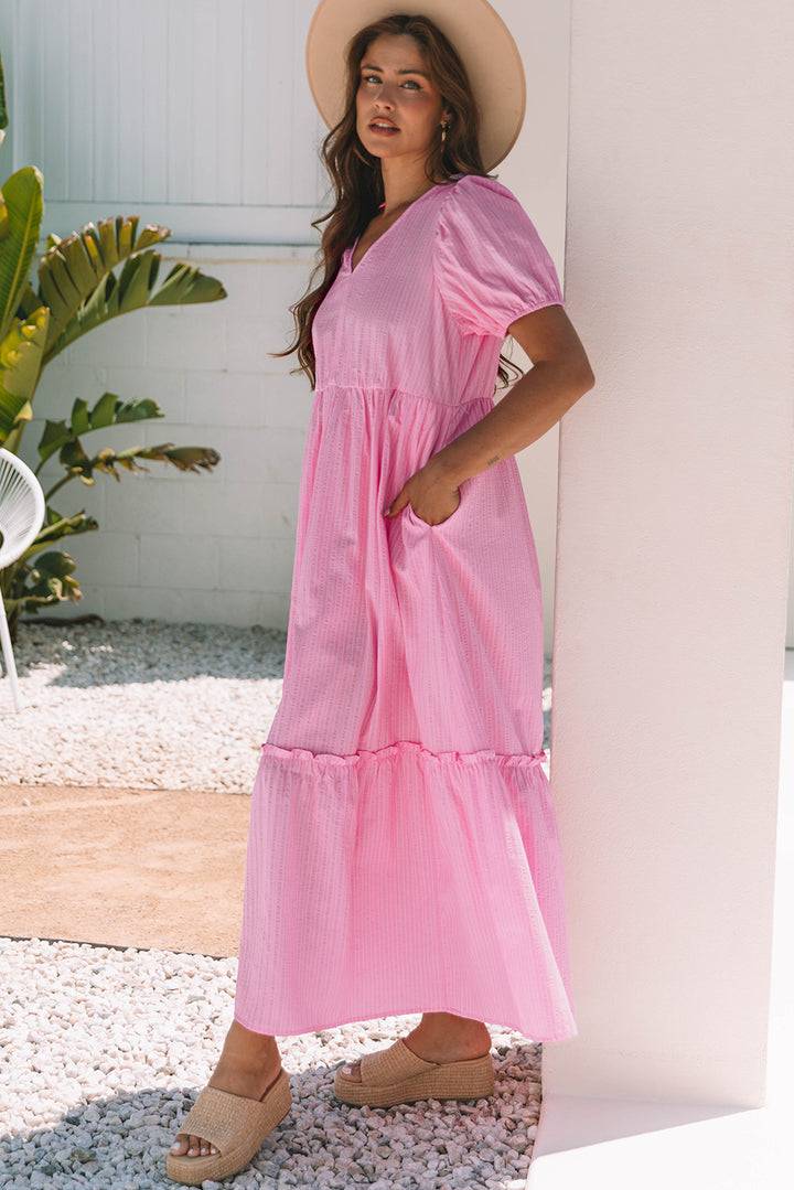 V Neck Puff Short Sleeve Maxi Dress