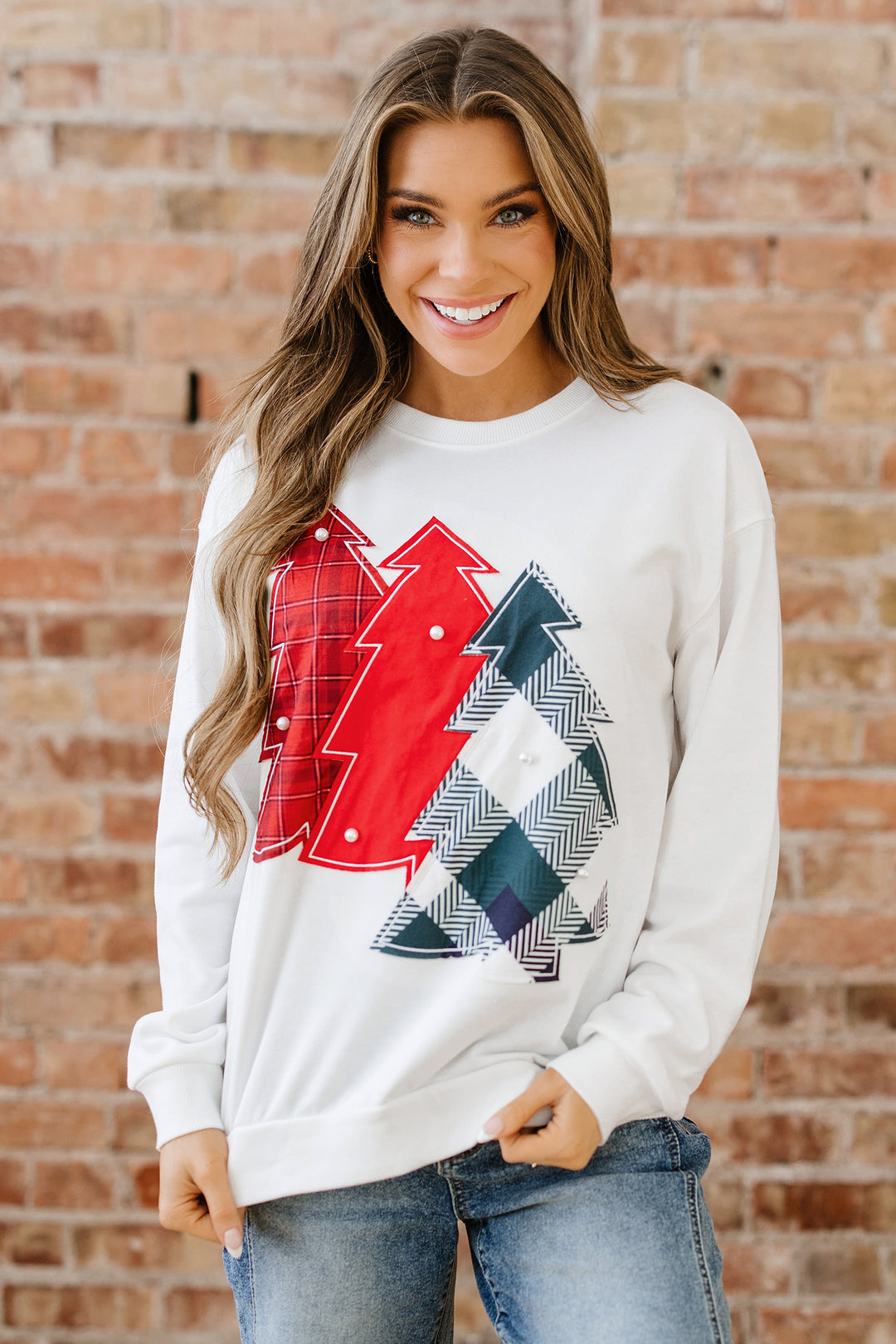 Pearl Plaid Christmas Tree Patched Drop Shoulder Sweatshirt