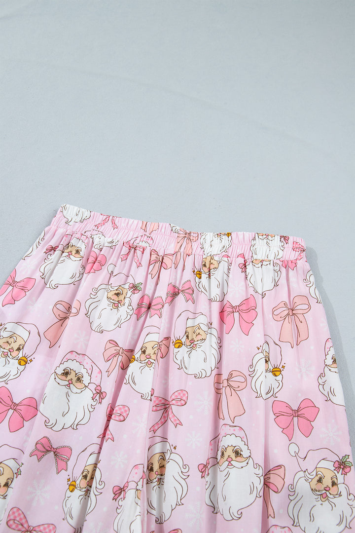 Pink Abstract Santa Print Long Sleeve Full-Length 2Pcs Lounge Set