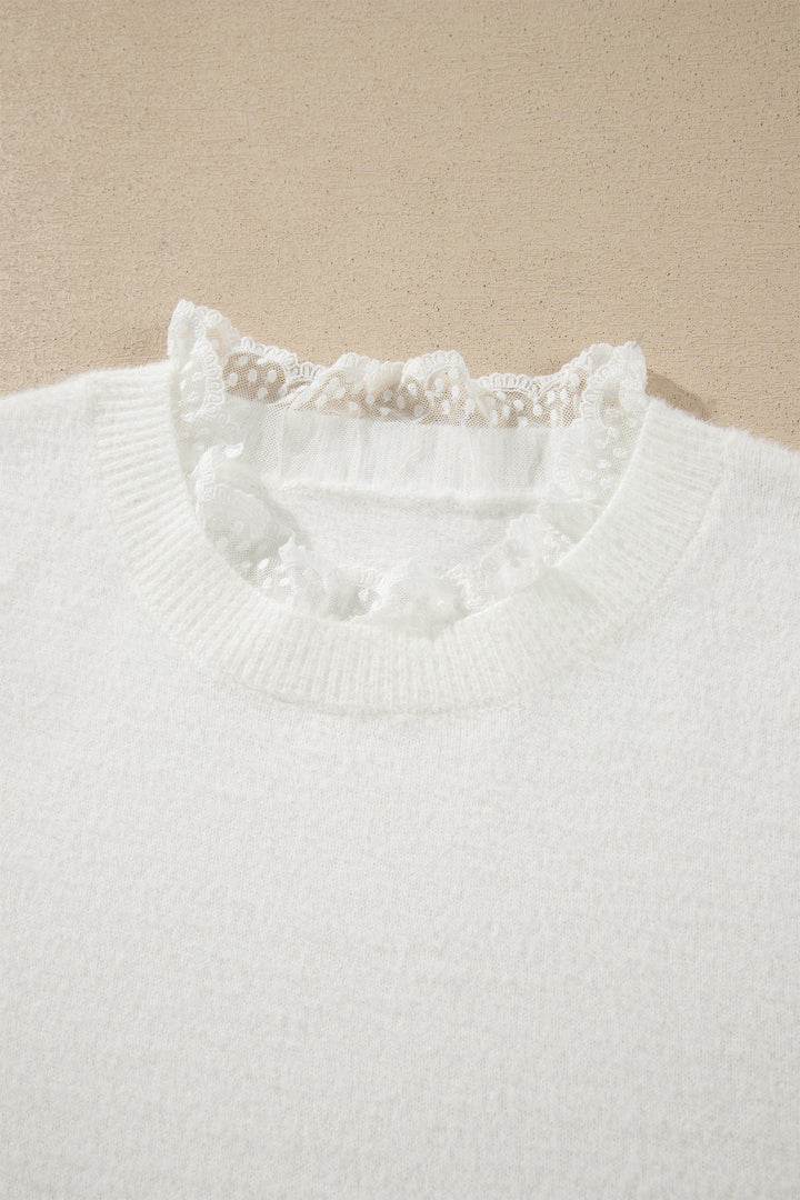 White Lace Trim Neck Cuff Patchwork Long Sleeve Pullover Sweater