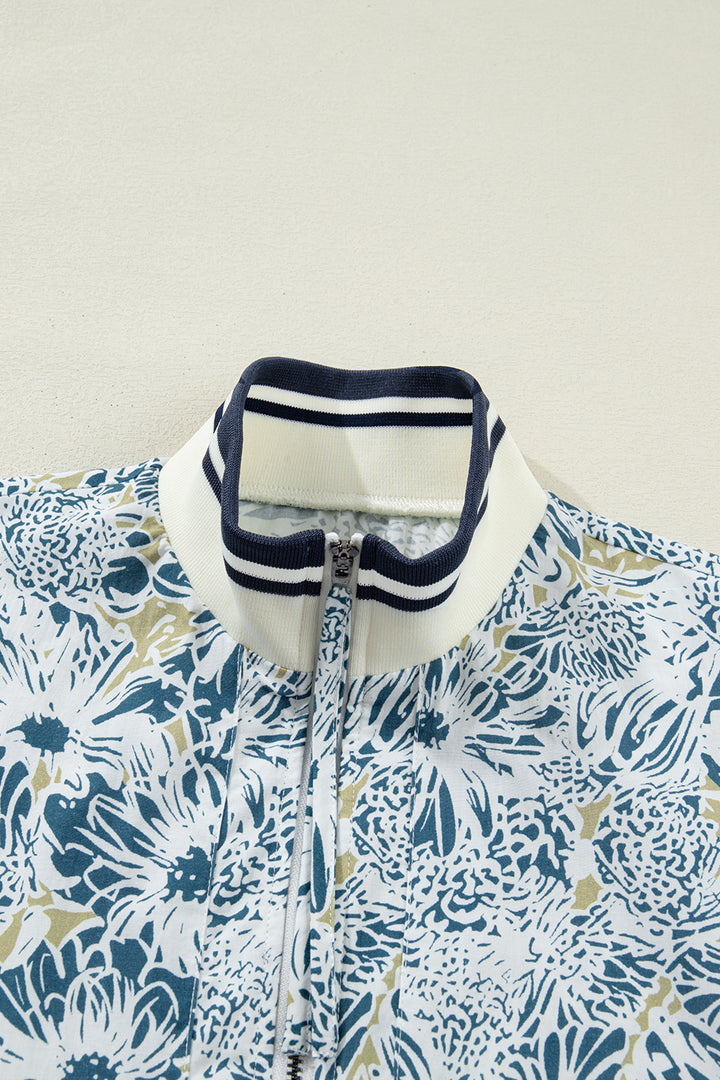 Floral Print Striped Webbing Patchwork Collar Short Sleeve Mini Dress