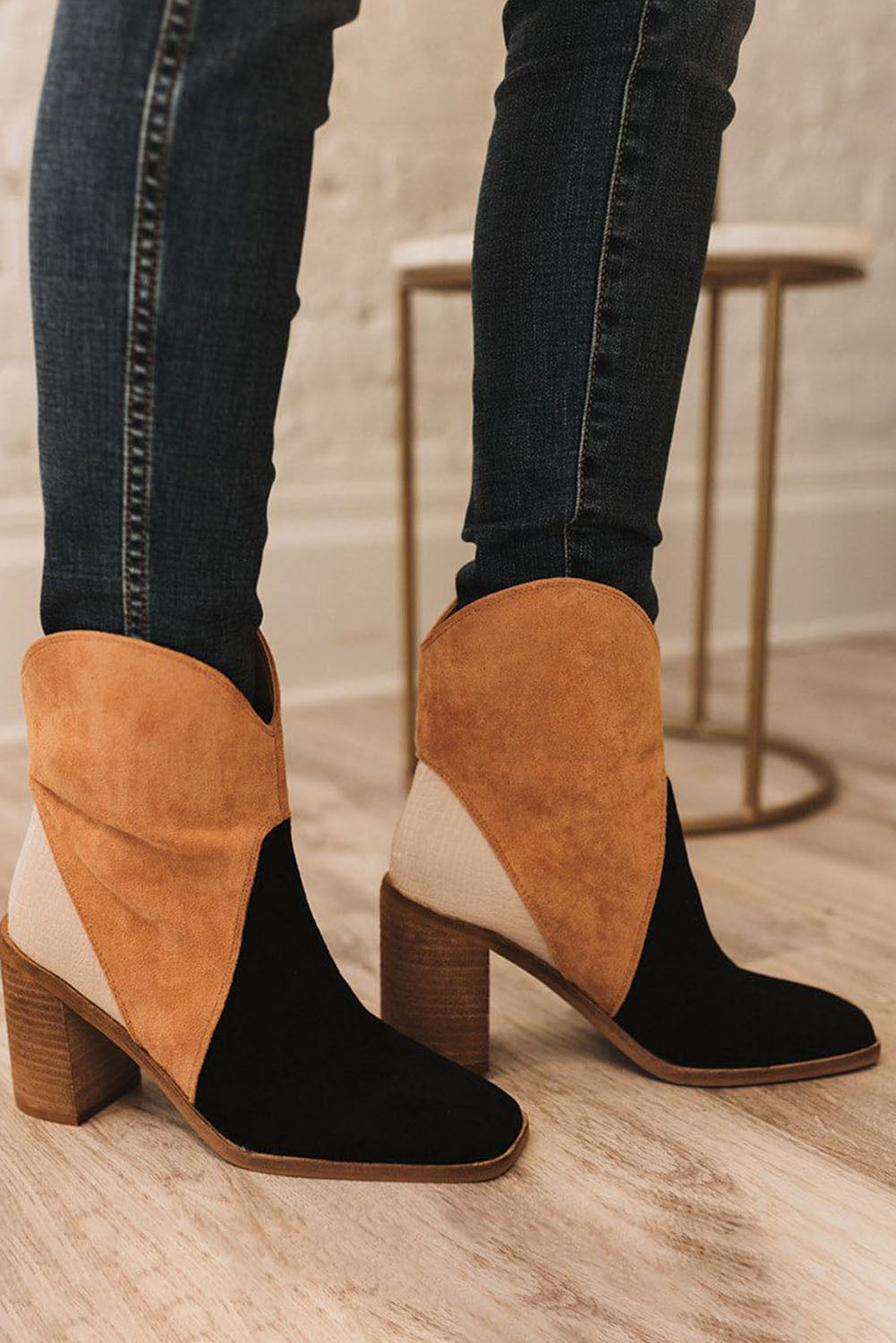 Colorblock Suede Heeled Ankle Booties