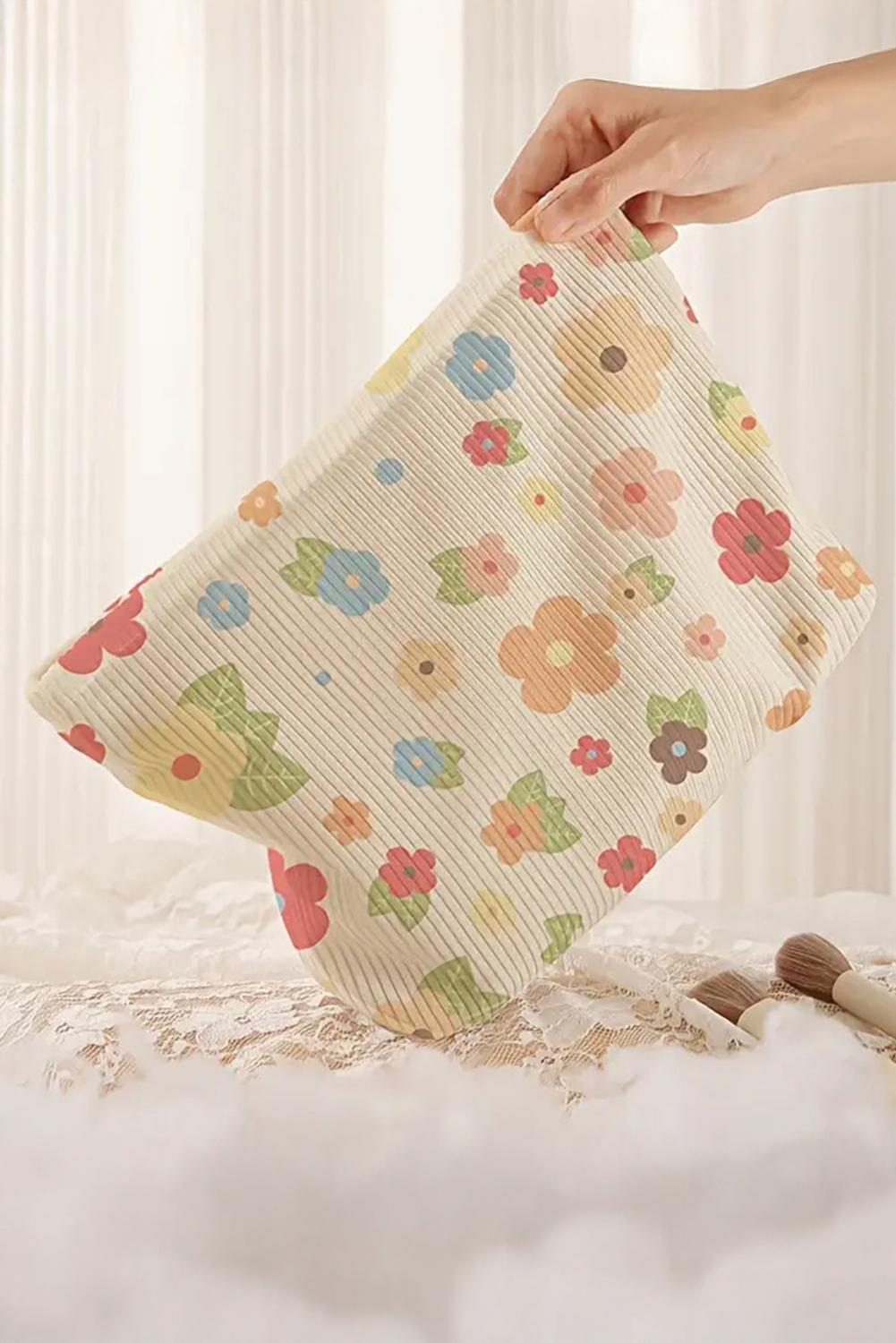 Flower Leaves Print Zipper Corduroy Makeup Bag