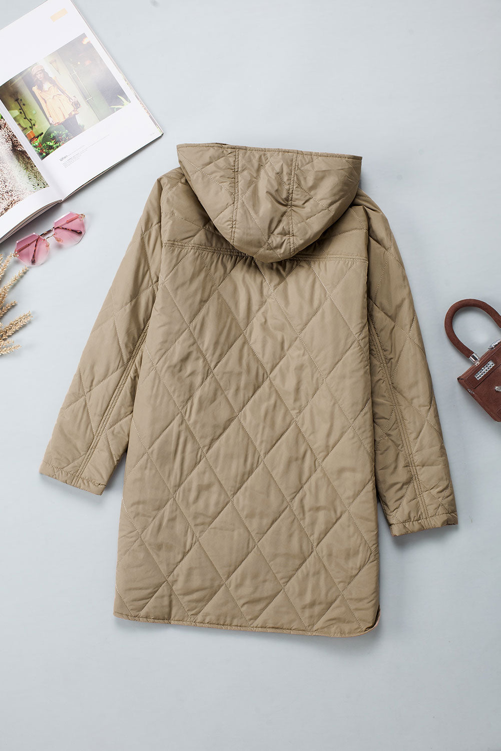 Khaki Quilted Snap Button Hooded Puffer Coat