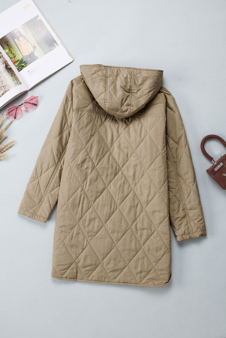 Khaki Quilted Snap Button Hooded Puffer Coat
