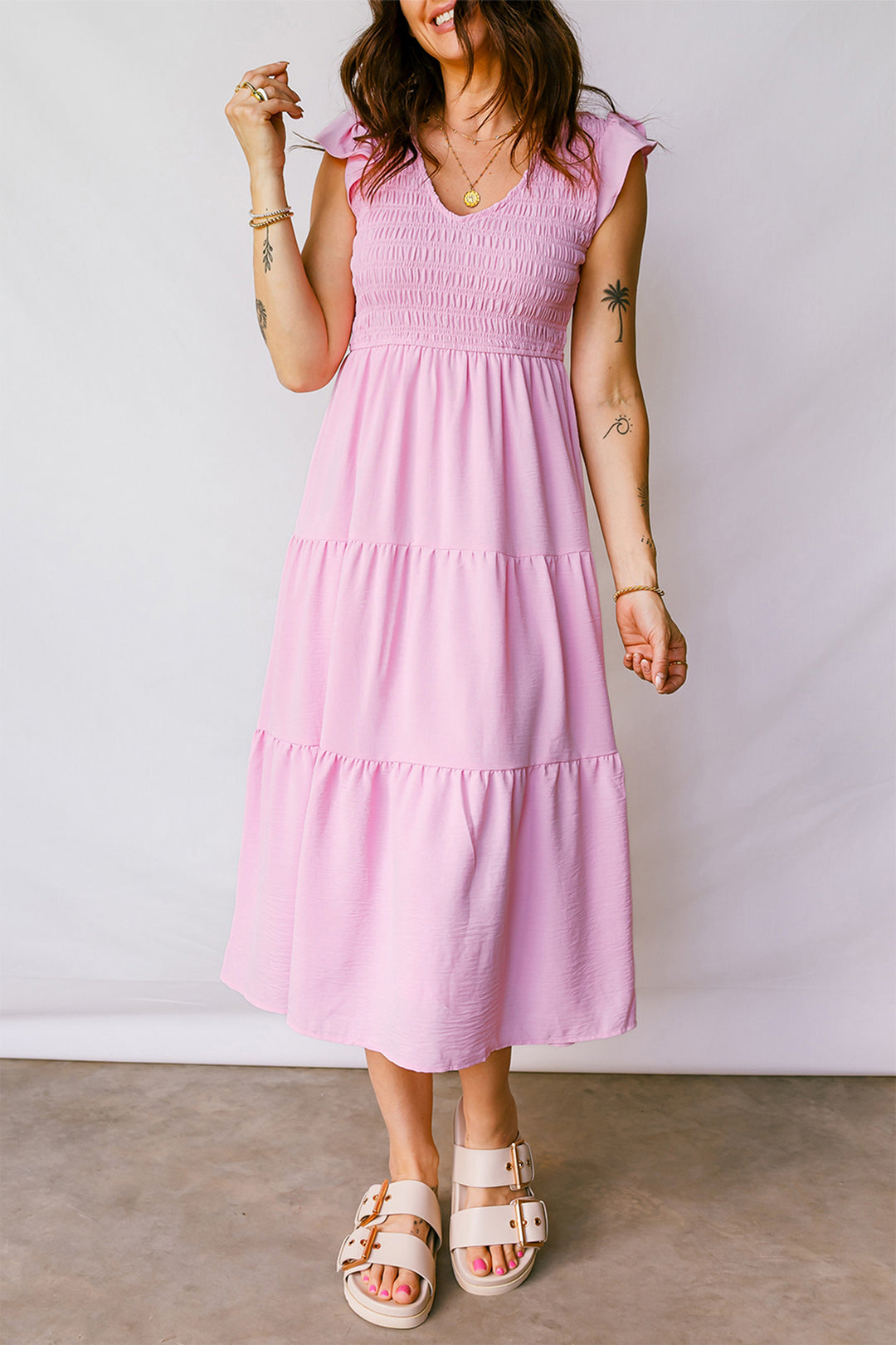 Smocked Bodice Flutter Sleeve Fit Flare Tiered Midi Dress