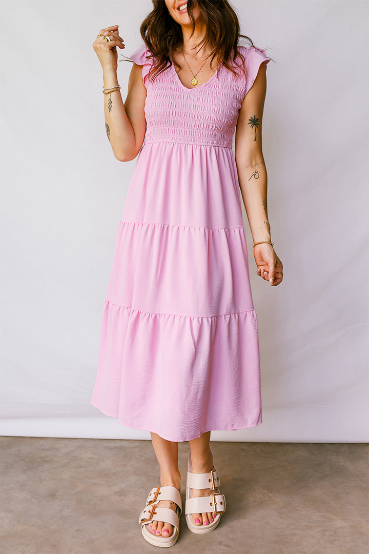 Smocked Bodice Flutter Sleeve Fit Flare Tiered Midi Dress