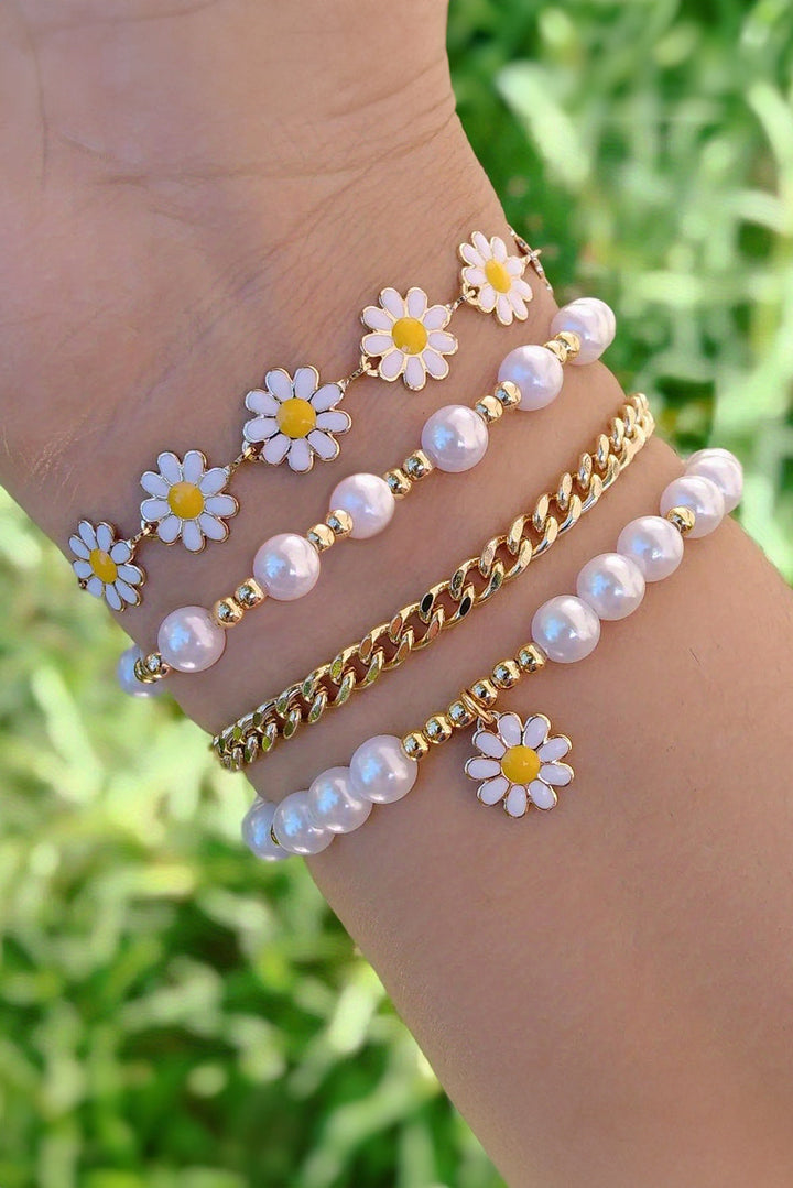 4pcs Daisy Pearl Beaded Chain Bracelet Set