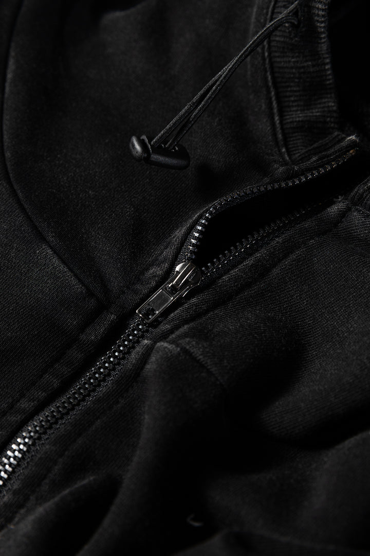 Black Half Zip Kangaroo Pocket Mineral Wash Baggy Hoodie