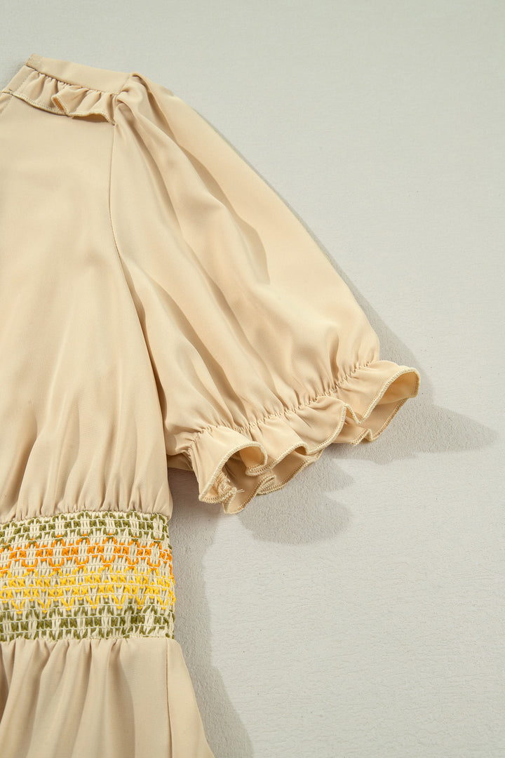 Apricot Elastic Waist Short Sleeve Midi Dress