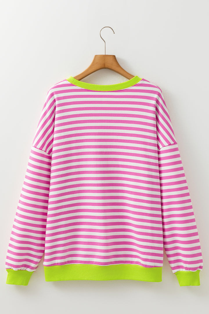 Striped Contrast Ribbed Trim Crossed Stitch Drop Shoulder Sweatshirt
