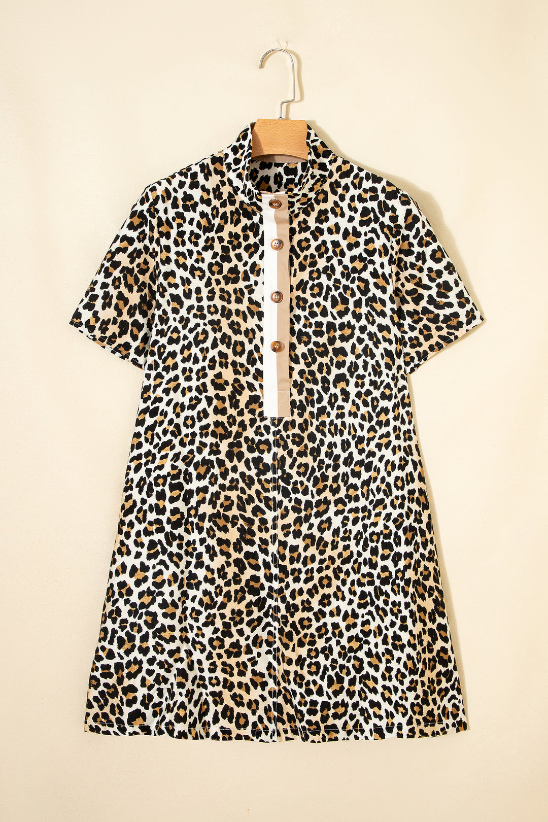 Half Buttons Short Sleeve Loose Leopard Mini Dress with Pockets