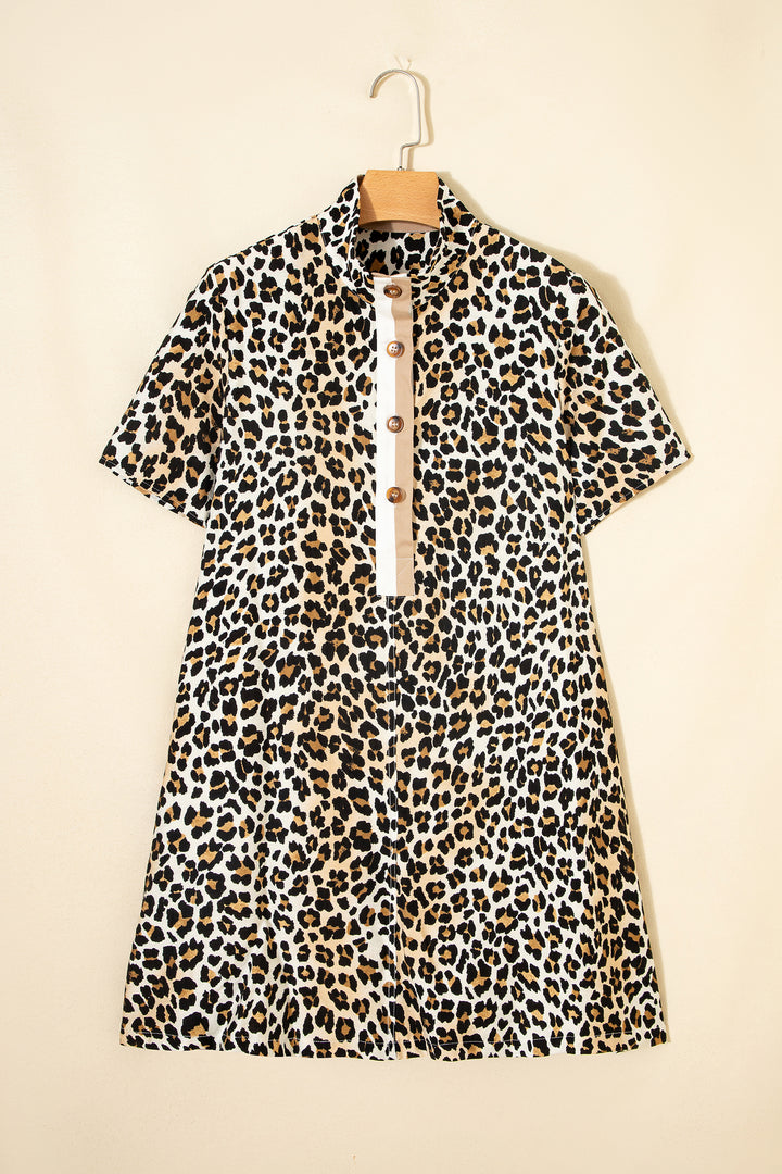 Half Buttons Short Sleeve Loose Leopard Mini Dress with Pockets