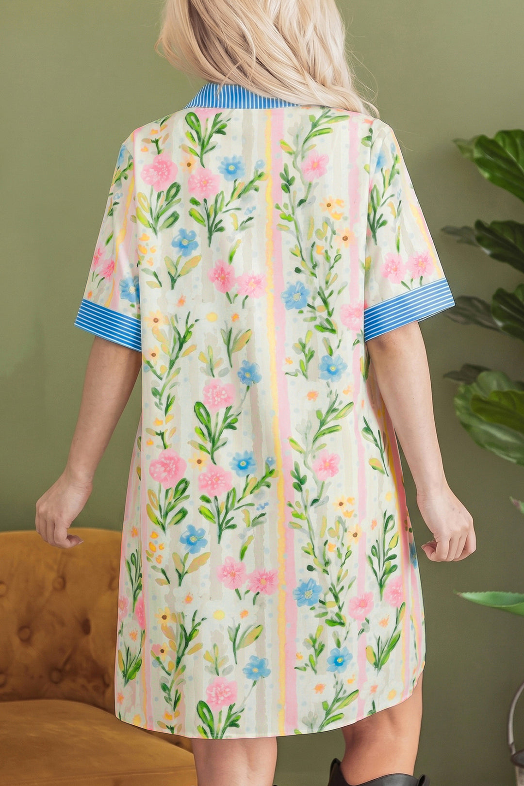 Chic Multicolour Floral Print Striped Trim Button Down Shift Dress