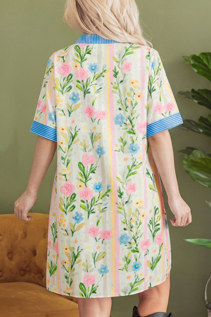 Chic Multicolour Floral Print Striped Trim Button Down Shift Dress
