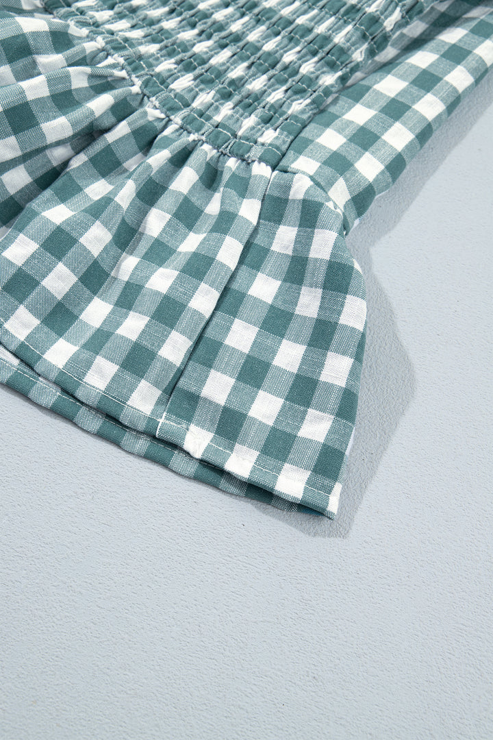 Green 3/4 Sleeve Shirred Plaid Peplum Top