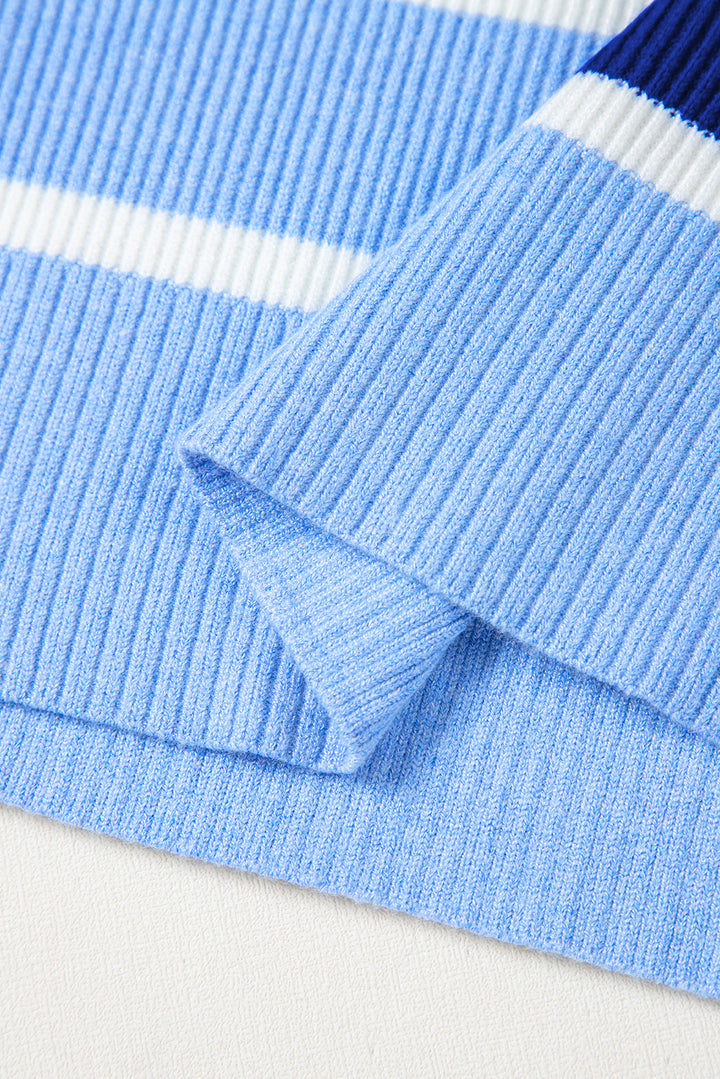 Sky Blue Stripe Colorblock Quarter Zip Collar Sweater Vest