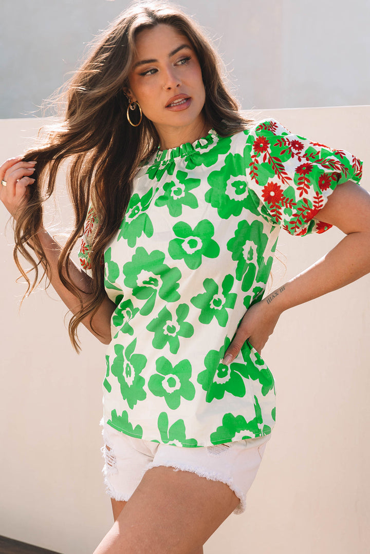 Contrast Embroidered Puff Short Sleeve Floral Blouse