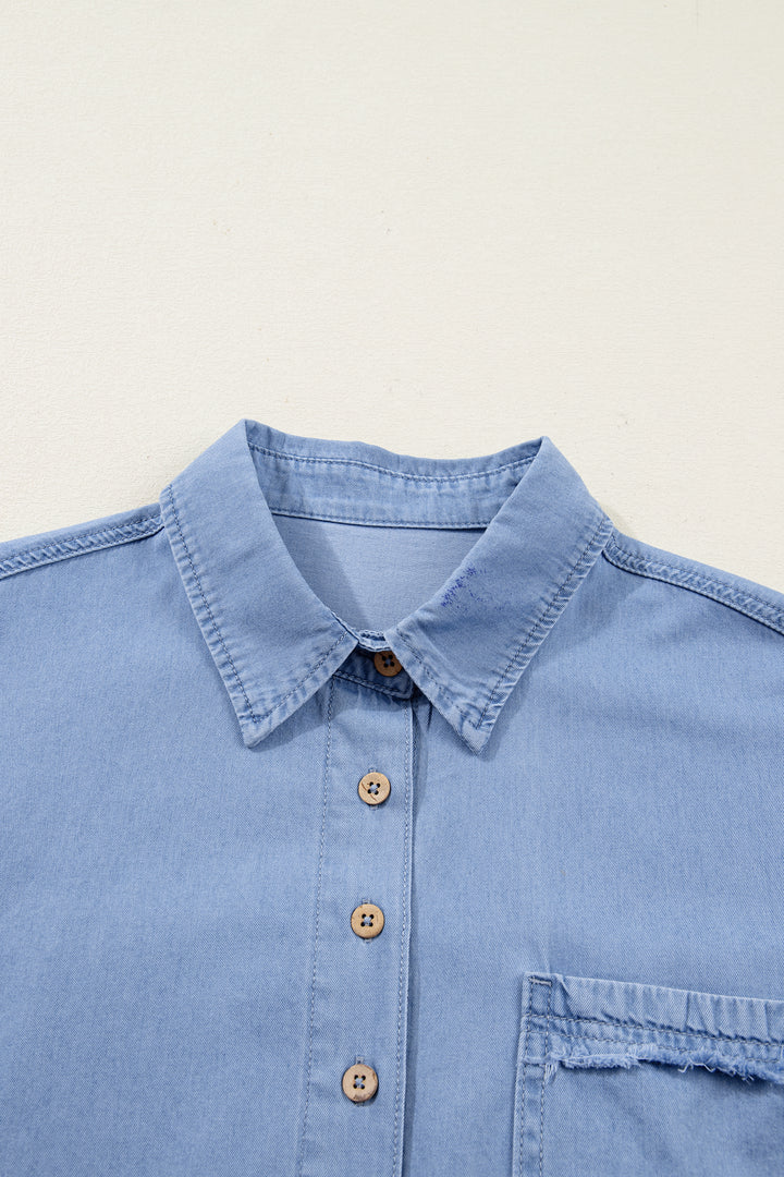 Washed Drop Shoulder Bracelet Sleeve Chambray Shirt