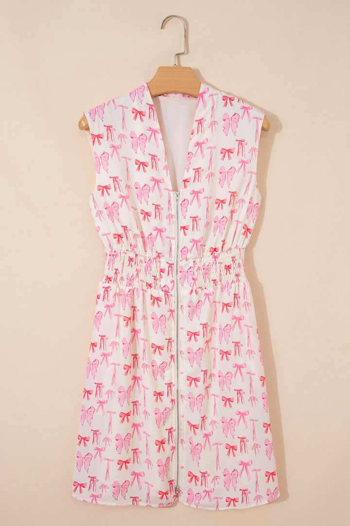 Full Zip Cinched Waist Sleeveless Bow Mini Dress