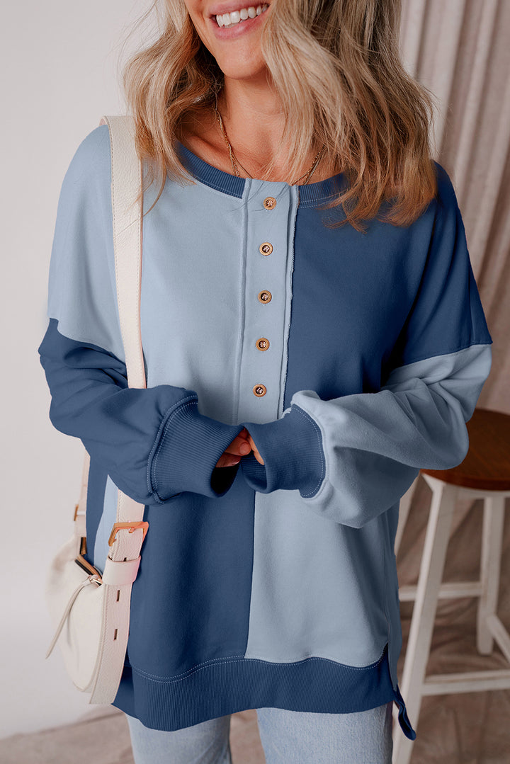 Colorblock Henley High Low Oversize Sweatshirt