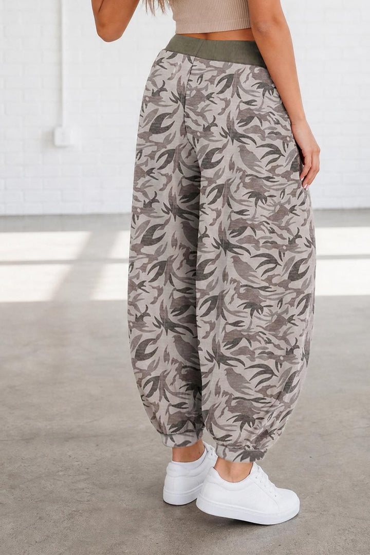 Khaki Drawstring Contrast Waistband Camouflage Joggers Pants