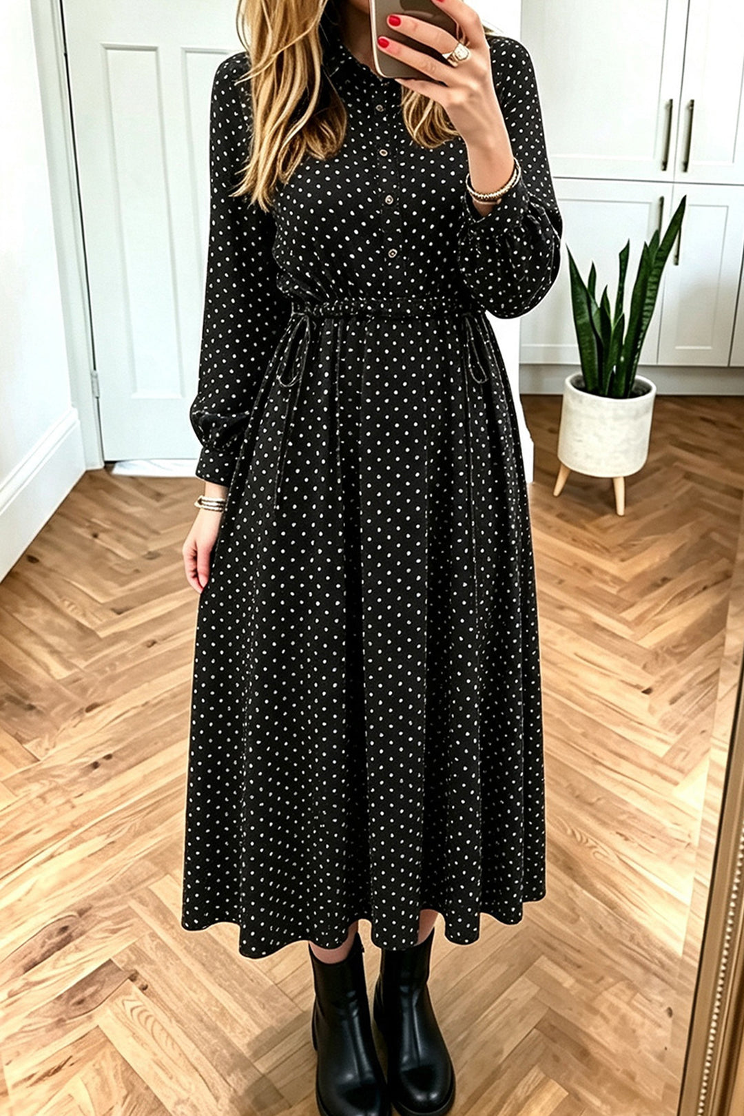 Black Polka Dot Long Sleeve Shirt Collar Half Button Drawstring Waist Dress