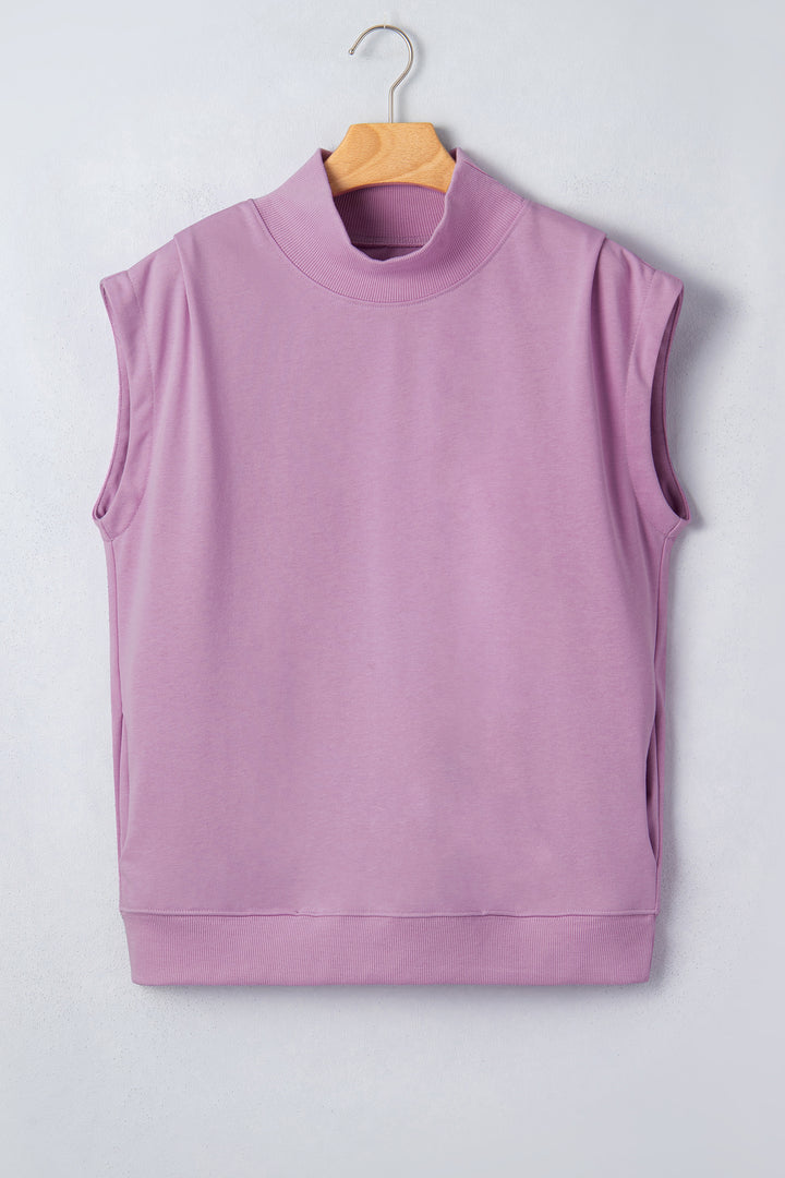 Phalaenopsis Solid Color High Neck Cap Sleeve Loose Top