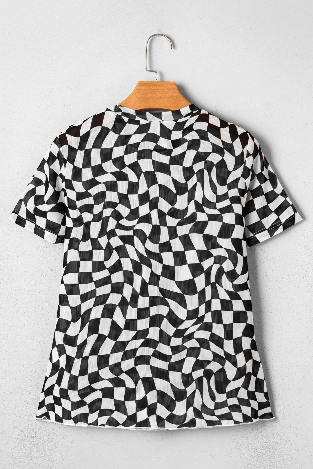 Black Checkered Print Crew Neck Mesh Short Sleeve T Shirt