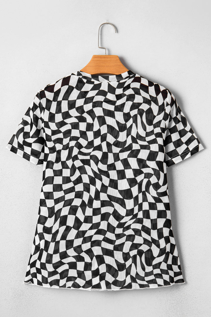 Black Checkered Print Crew Neck Mesh Short Sleeve T Shirt