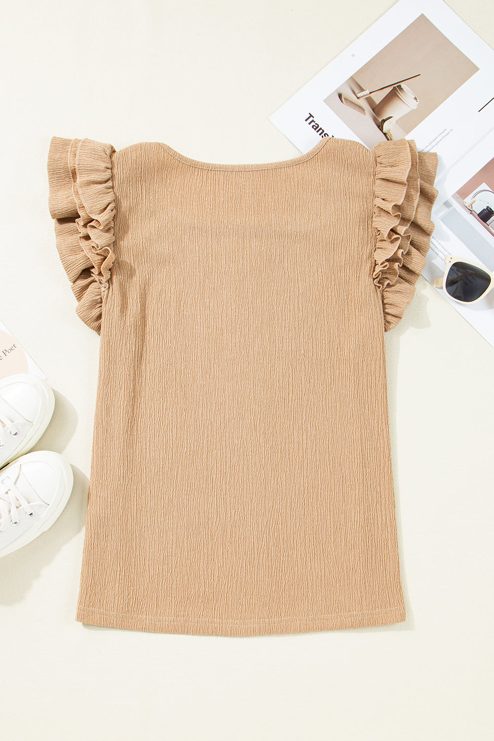 Ruffled Tiered Sleeve Square Neck Textured Top