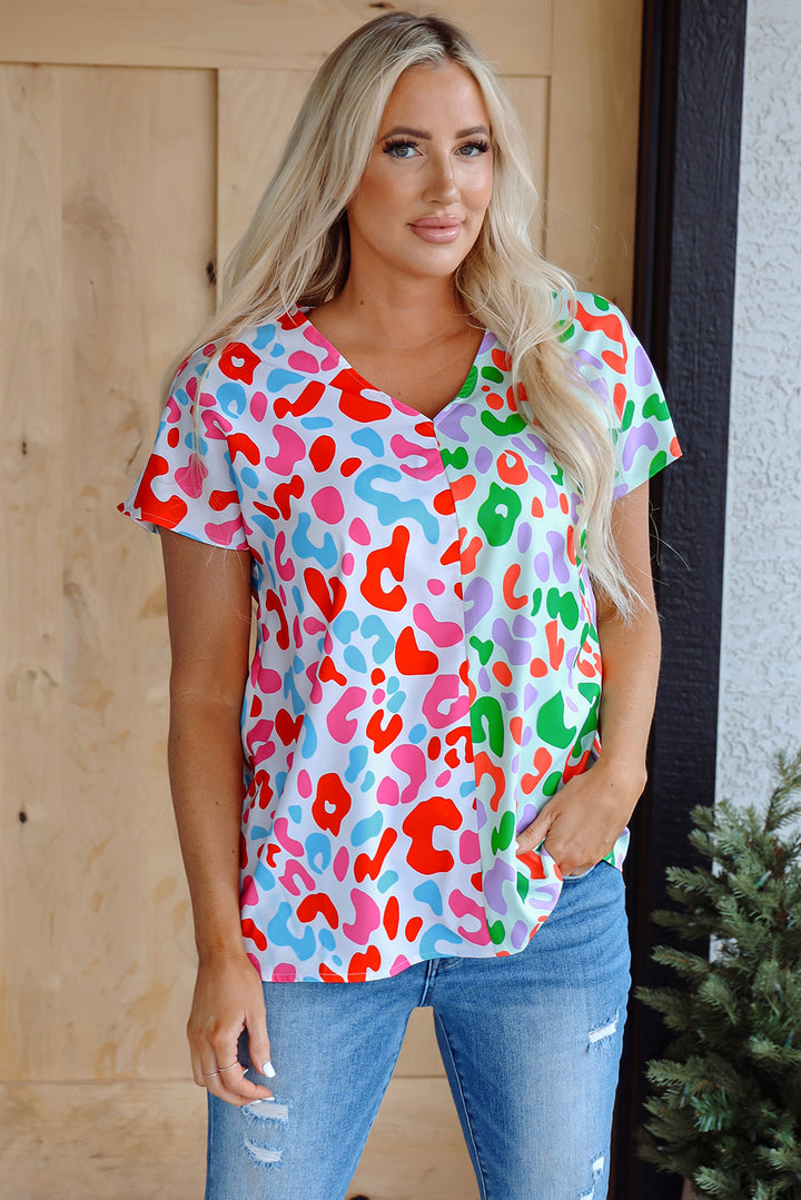 contrast leopard print v neck short sleeve blouse
