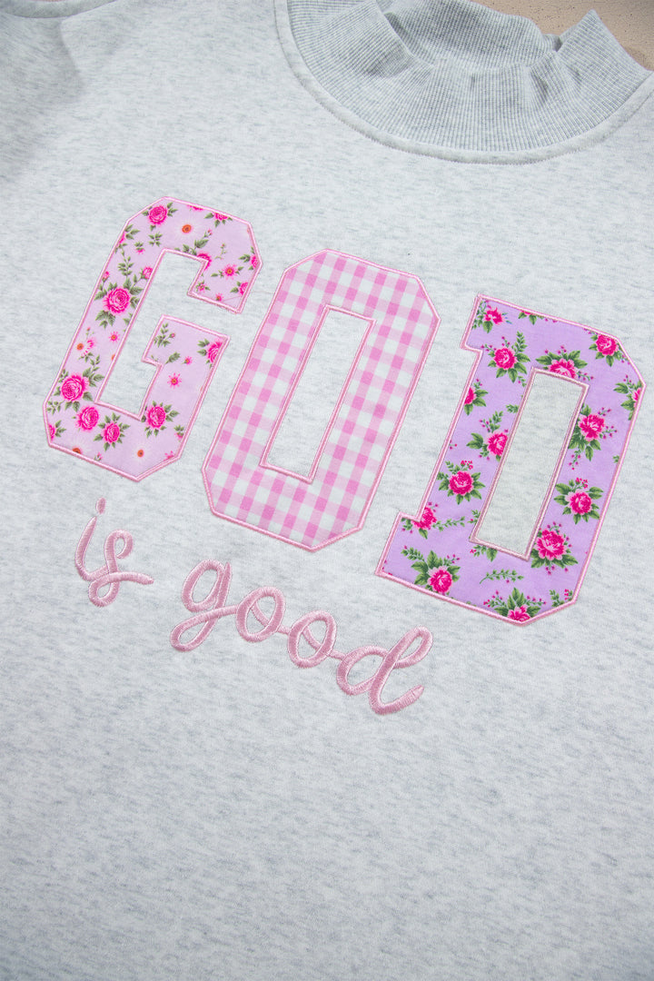 Light Grey GOD IS GOOD Appliqué Embroidery Mock Neck Pullover Sweatshirt