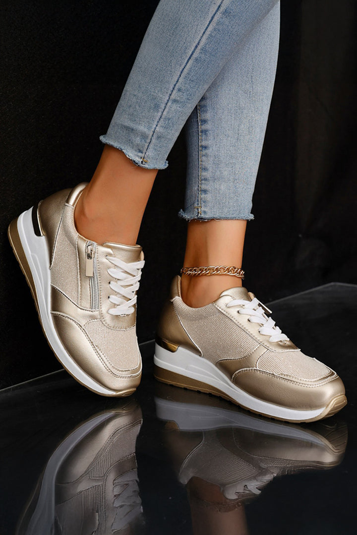 PU Leather Patchwork Zipper Lace-up Sneakers