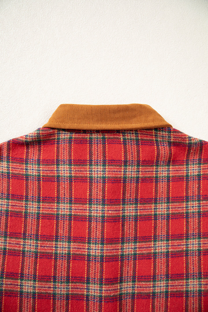 Red Casual Plaid Color Block Collared Button Shacket