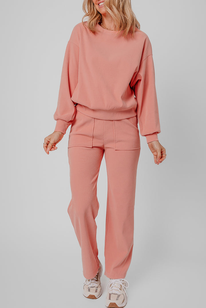Blossom Ribbed Knit Pocketed Two Piece Lounge Set