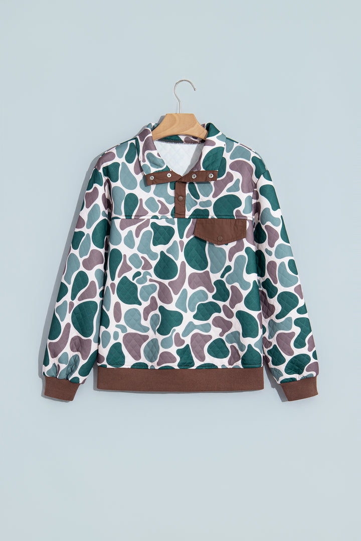 Multicolour Retro Camouflage Pattern Color Block Detail Button Pullover Sweatshirt