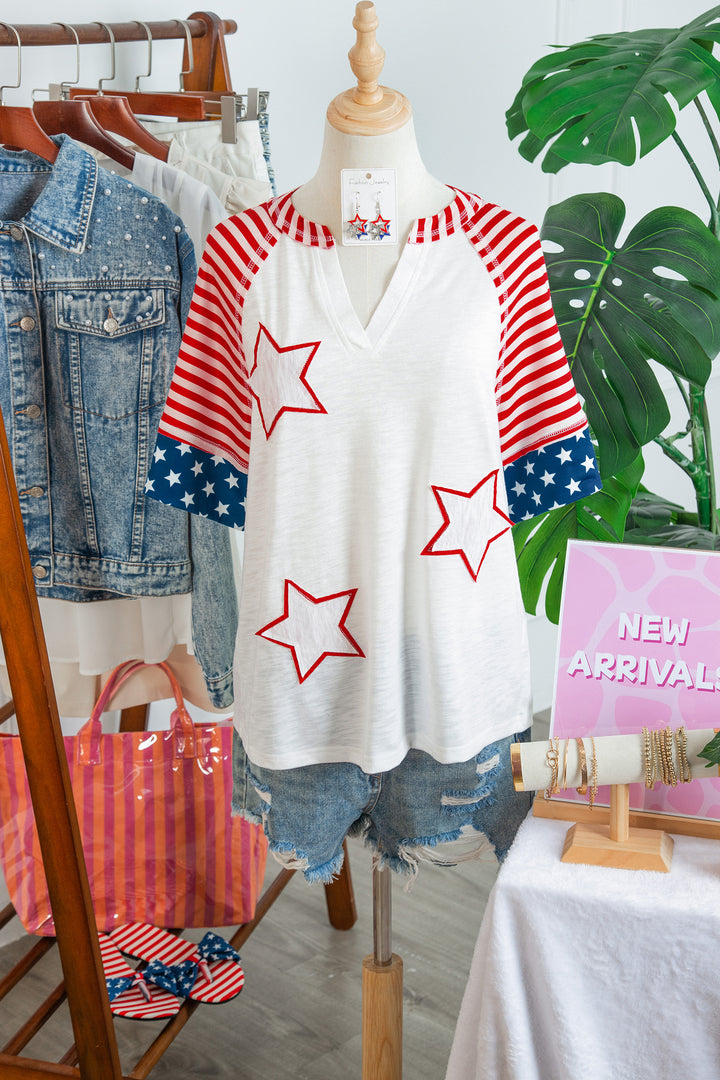 Fiery Red Star Detail Flag Inspired Short Sleeve Top