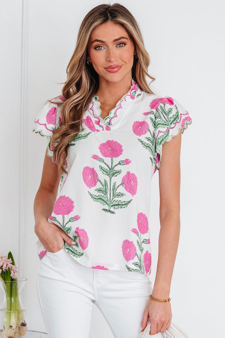 Wild Flower Print Contrast Trim Scallop Detail Short Sleeve Blouse