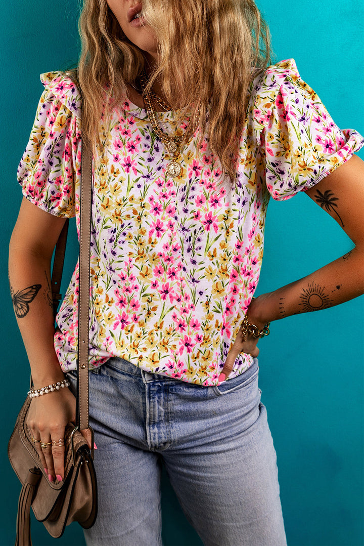 floral puff short sleeve crewneck blouse