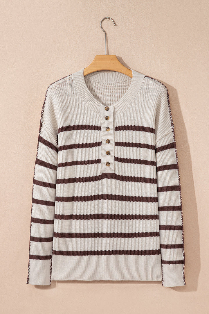 Ribbed Henley Drop Shoulder Slouchy Sweater