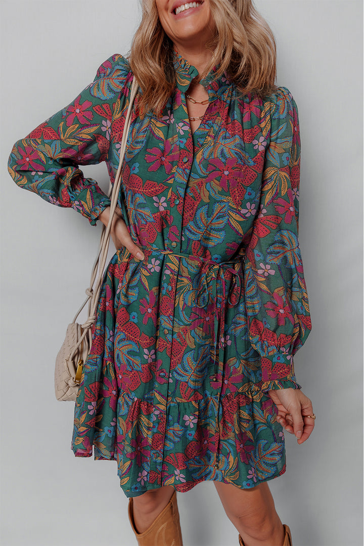 Floral Friled V Neck Puff Sleeve Ruffled Shirt Dress