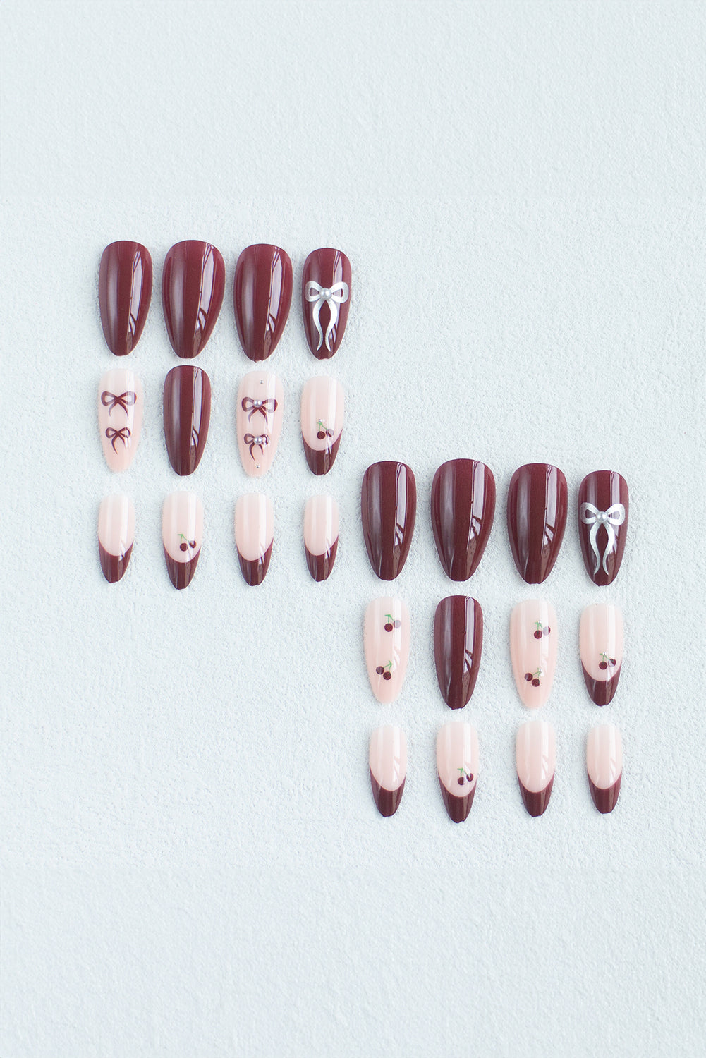 Bow Cherry Pearled Almond Shape Nail Stickers with Jelly Glue
